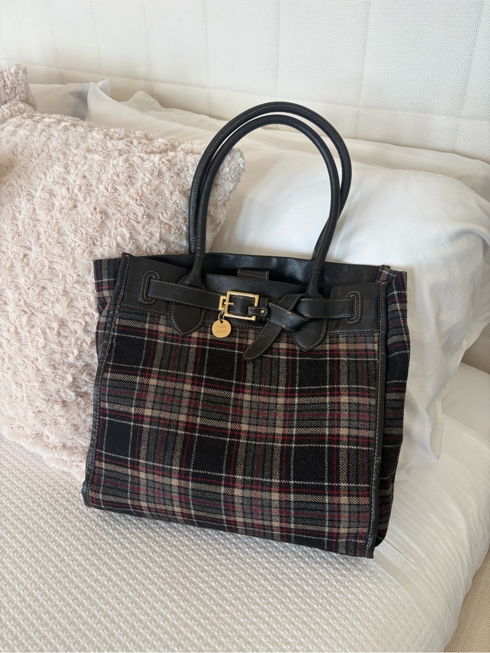 Tommy Hilfiger Preppy Plaid Tote Bag with Black Leather Trim & Gold Buckle